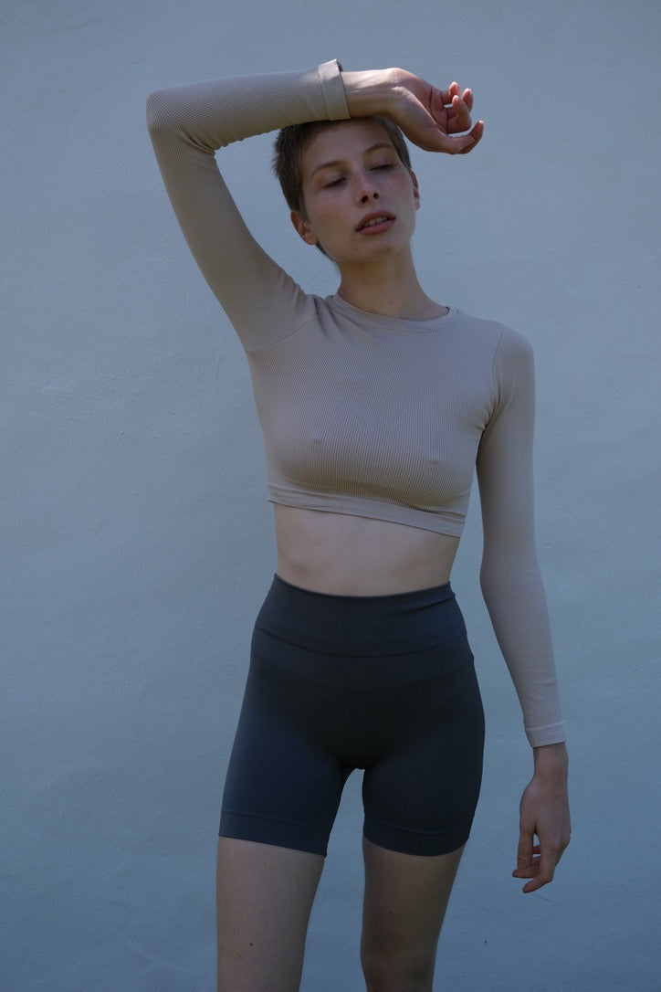 EVOKE Ribbed Long-Sleeve Crop Top | Taupe | Image 6