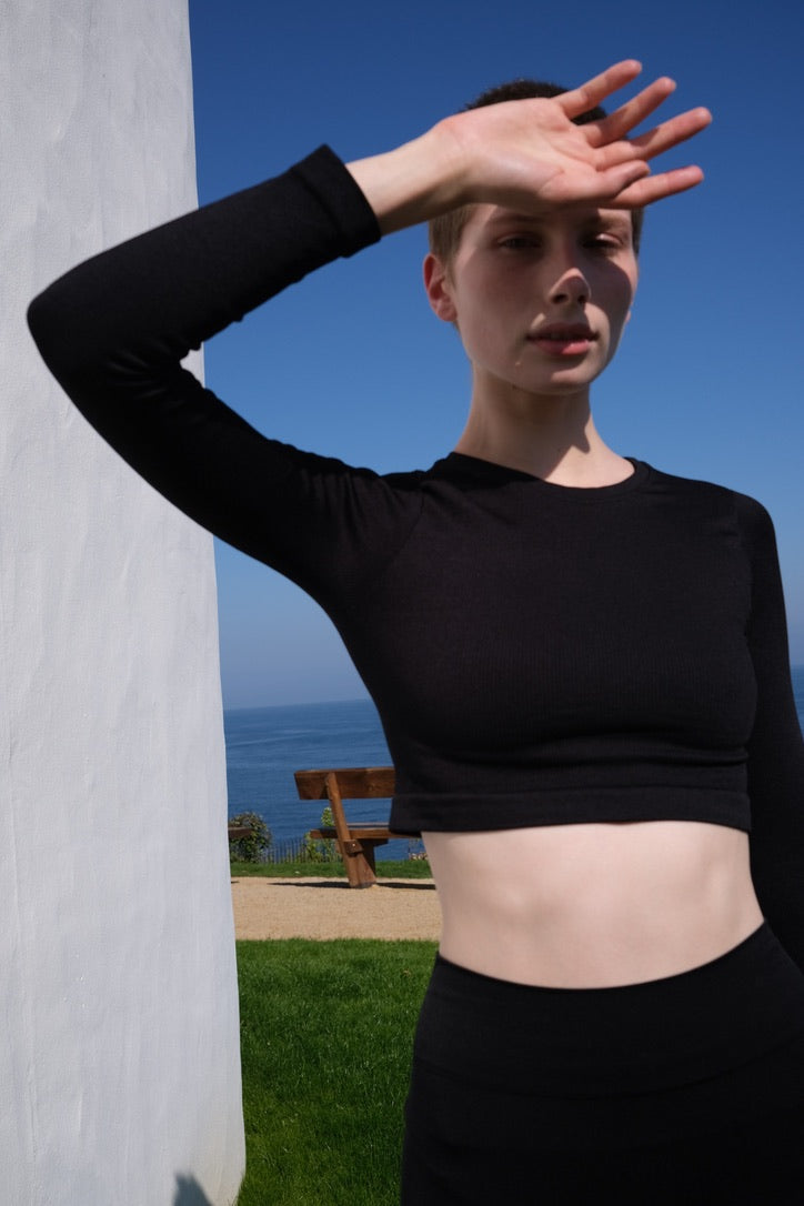 EVOKE Ribbed Long-Sleeve Crop Top | Black | Image 6