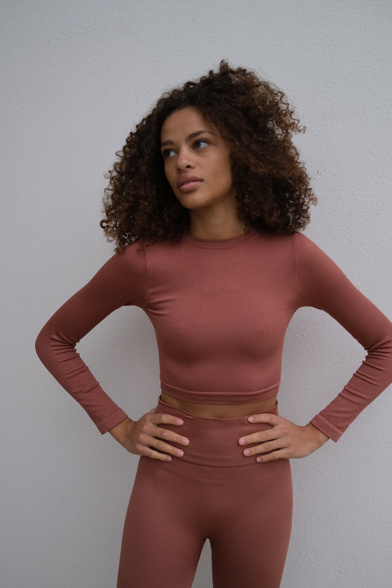 EVOKE Ribbed Long-Sleeve Crop Top | Rusty Pink | Image 4