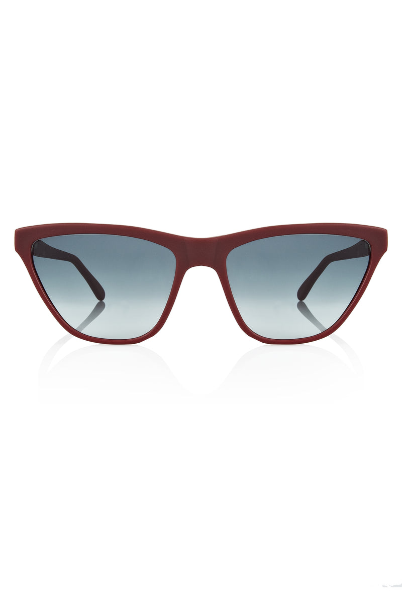 CAIRO - Wine. These frames are a narrow angular shape with a sporty feel to them. They have a near flare top with tapered edges and a flat bottom. These lightweight acetate frames are available in sunglasses and opticals. All acetate frames are exclusively developed for PRISM and handcrafted in Italy.