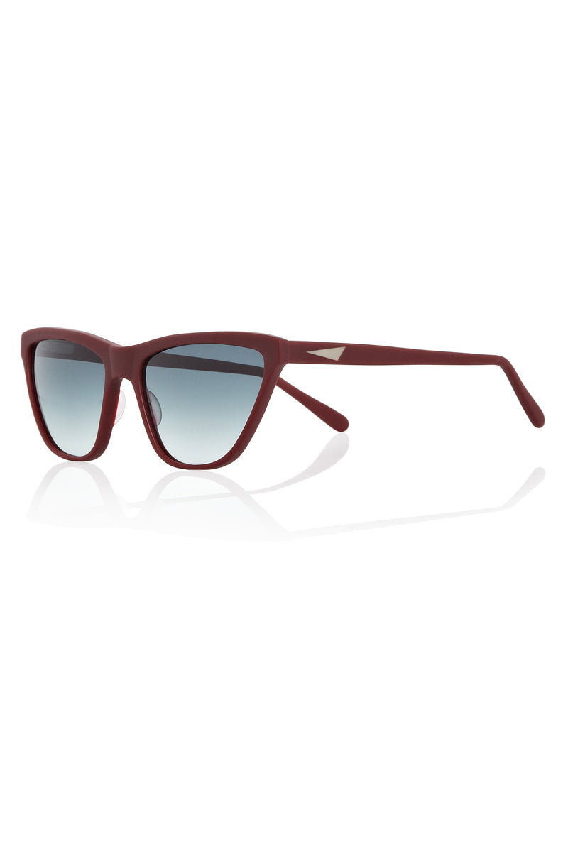 CAIRO - Wine. These frames are a narrow angular shape with a sporty feel to them. They have a near flare top with tapered edges and a flat bottom. These lightweight acetate frames are available in sunglasses and opticals. All acetate frames are exclusively developed for PRISM and handcrafted in Italy.