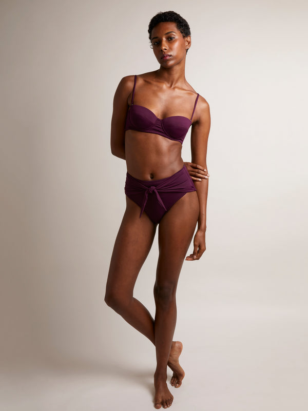 MARSEILLE - Wine. High-waisted bikini bottoms, with tie front knot slimming the silhouette, and providing extra coverage.