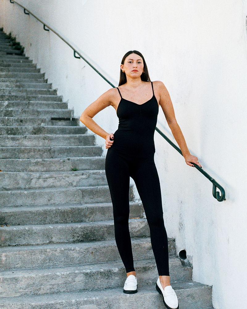 Model wears BALANCED - Black - PRISM² - Compression unitard - sculpting playsuit - black unitard - plus size unitard -  maternity playsuit