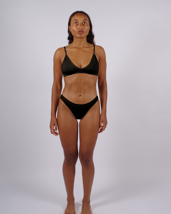 Blissful - Black multi-functional bikini, bralette, sports bra - with low cut and curved neckline for flattering effect and thin elasticated band and spaghetti straps for support.