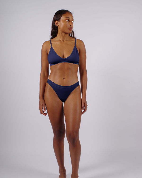 Blissful - Navy - multi-functional bikini, bralette, sports bra - with low cut and curved neckline for flattering effect and thin elasticated band and spaghetti straps for support.