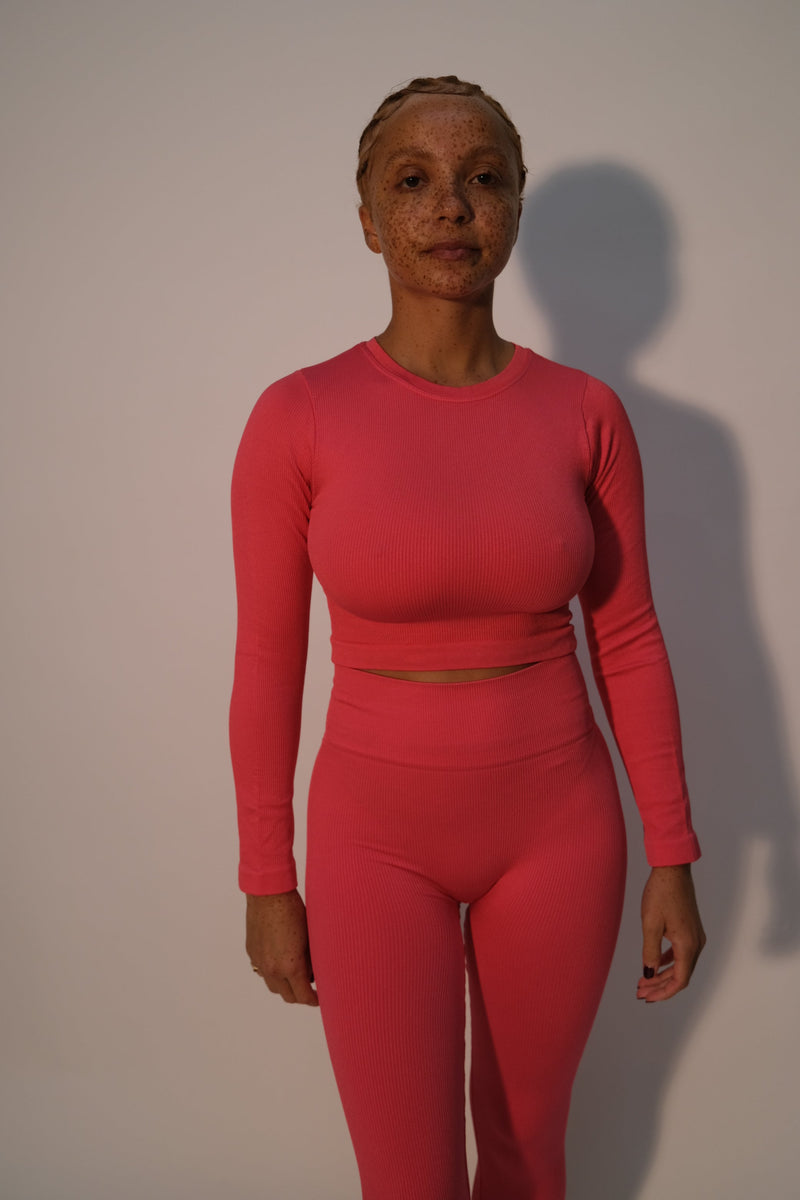 model wears prism2 cerise ribbed activewear leggings - prism2 london