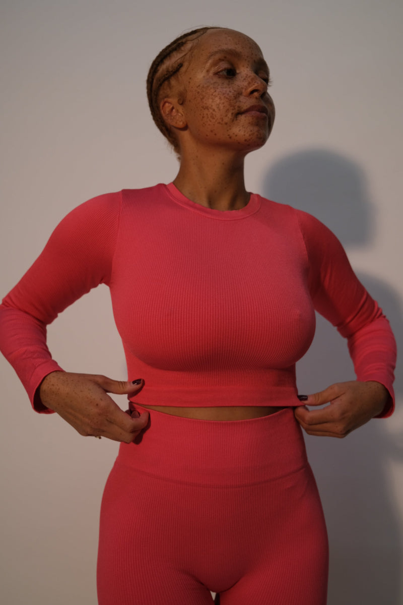 EVOKE Ribbed Long-Sleeve Crop Top | Cerise | Image 6