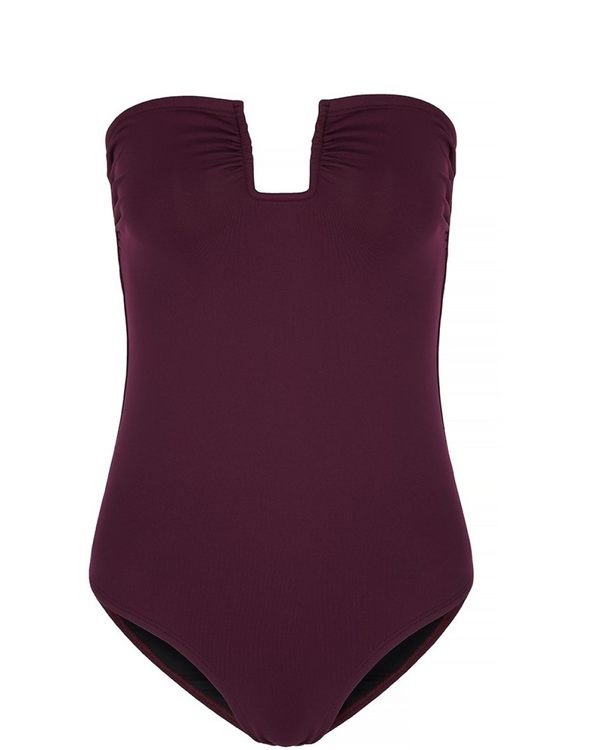 FORTE DEI MARMI - Wine. retro -inspired Forte Dei Marmi bandeau swimsuit w/ U bar detail on chest - suitable for smaller busts. This style does not come with straps or fastenings.