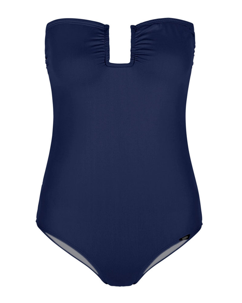 FORTE DEI MARMI - Navy. The retro-inspired Forte Dei Marmi bandeau swimsuit with a U bar detail on the chest. This style is more suitable for a small bust and does not come with straps or fastenings.