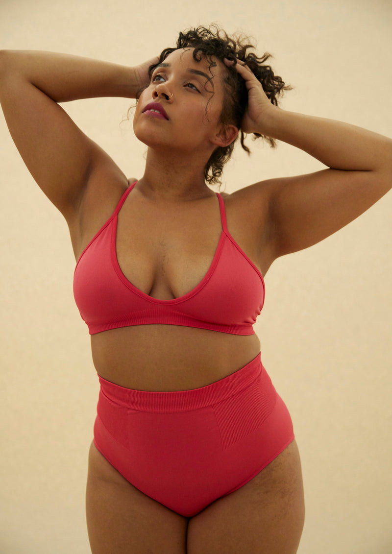 Blissful - Cerise multi-functional bikini, bralette, sports bra - with low cut and curved neckline for flattering effect and thin elasticated band and spaghetti straps for support.