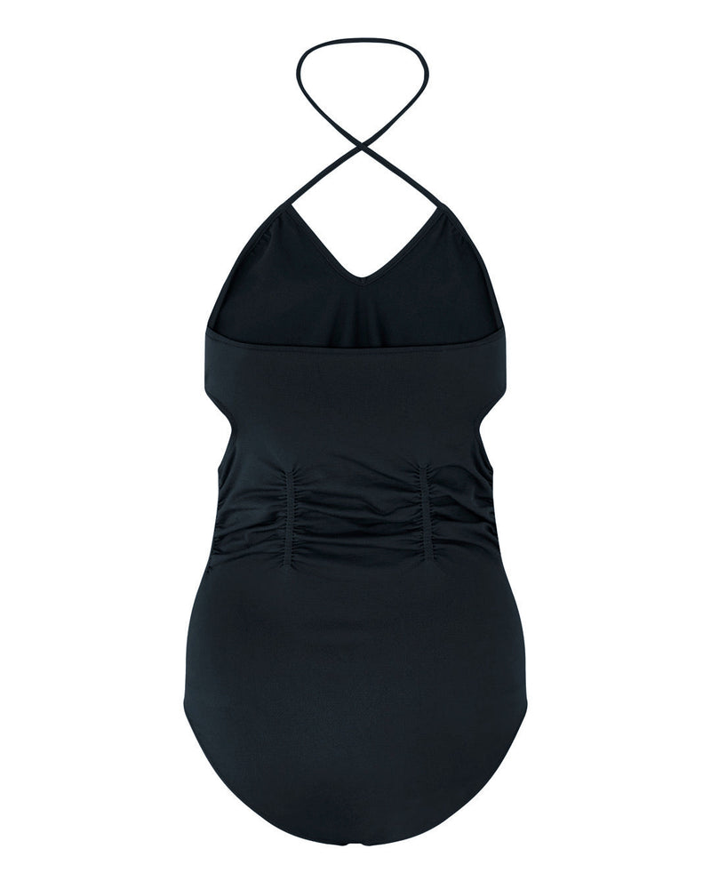 Immersed one piece swimsuit black - swimwear with cut out details - firm control swimwear  - plus size model swimwear - hide belly swimsuit - tummy control bathing suit - halter neck swimsuit