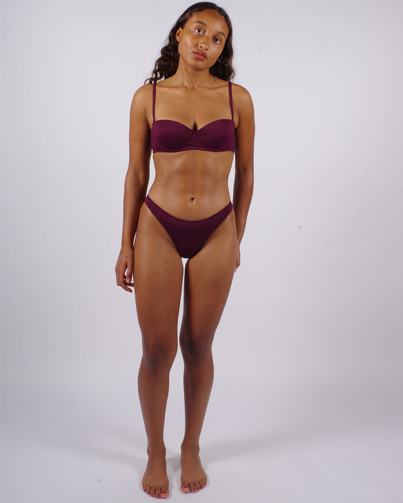 PUNTA - Wine. Best selling Punta bikini bottoms. Clean lines, flattering fit, high-rise leg, thin slides and slight yet flattering bottom coverage.