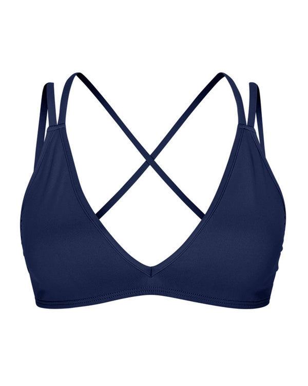 PATMOS - Navy. Bikini top features soft triangle cups with adjustable tie straps with cross over back detailing and removable padding. Perfect for smaller to medium bust sizes.