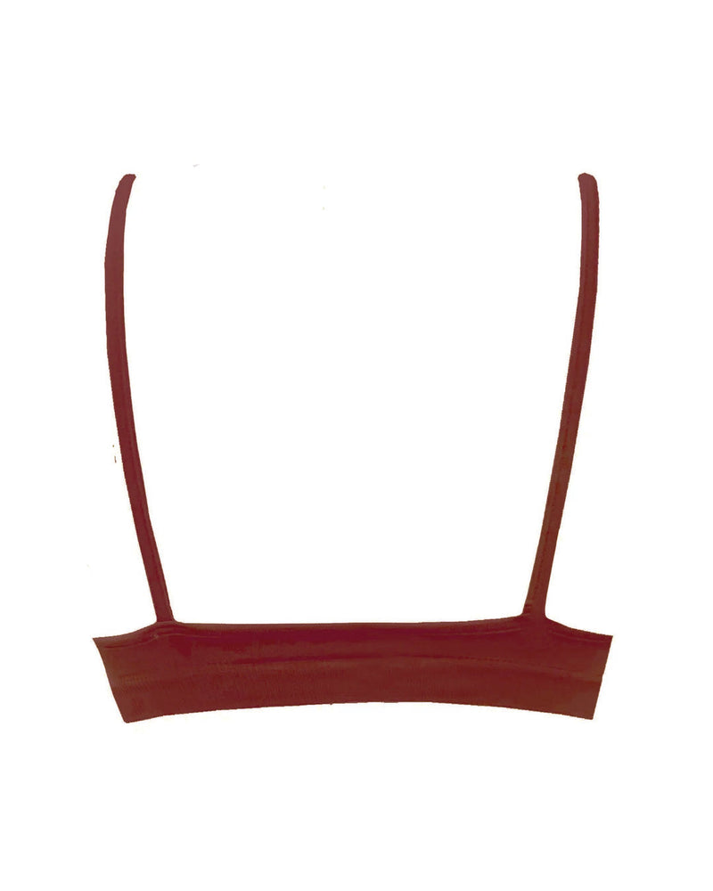 Blissful - Maroon - multi-functional bikini, bralette, sports bra - with low cut and curved neckline for flattering effect and thin elasticated band and spaghetti straps for support. Image 4