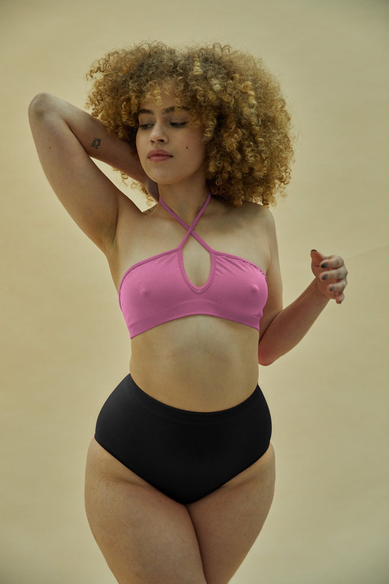 BOUYANT - Bubblegum - halter-neck bikini, activewear, multi-fit top. With a twist neck spaghetti strap detail.