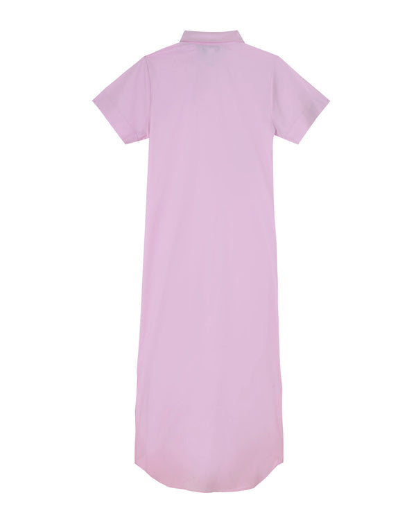 SURIGAO - Pink. The Surigao floor length shirt-dress is a versatile item, 100% cotton fabric with graphic lines of fringing, handmade in Italy. This ready to wear shirt-dress falls at the ankle, with gunmetal popper buttons running all the way down for ease.