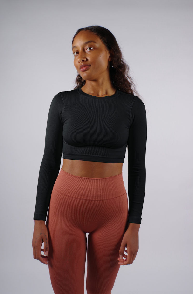 model wears ribbed compression long sleeve black top - activewear long sleeve - prism2 london