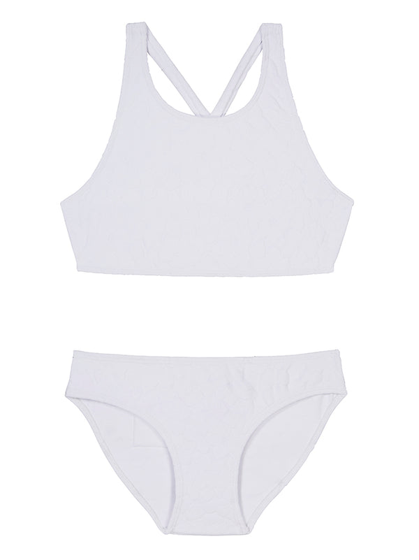 This modern sporty style bikini top has a cut-away neckline with crossover adjustable tie at the back. Featuring good coverage with a playful twist - the bikini bottoms are inspired by a 60s silhouette, with a low cut waist and low cut leg with full bottom coverage. 