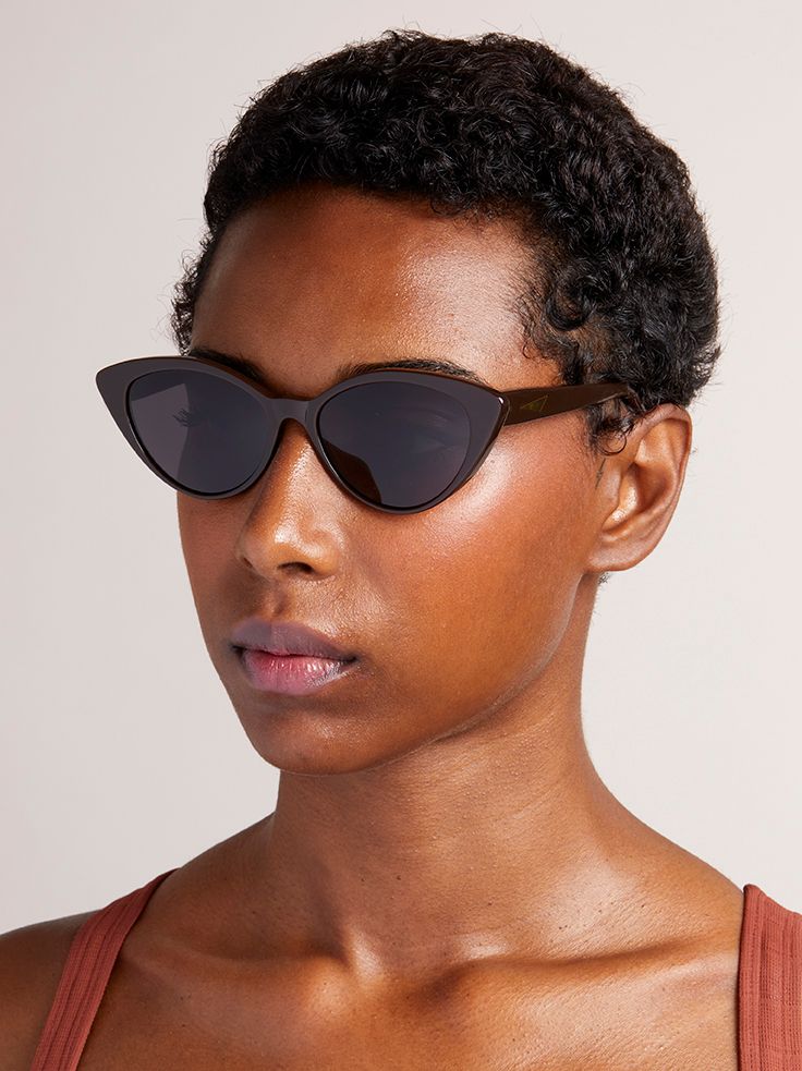 ACCRA - Dark Brown. A modern elegant take on the classic cat-eye with rounded edges and elongated tips. Lightweight medium to small sized style, suitable for all face shapes.