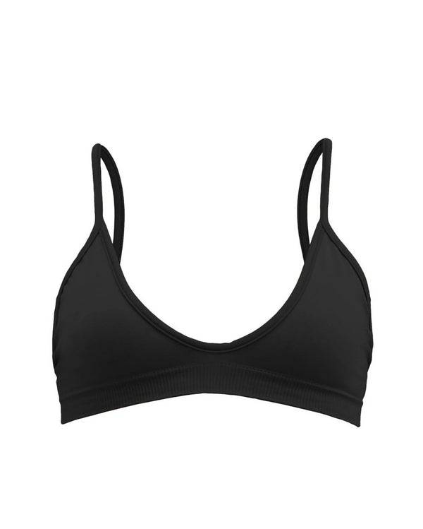 Blissful - Black multi-functional bikini, bralette, sports bra - with low cut and curved neckline for flattering effect and thin elasticated band and spaghetti straps for support.