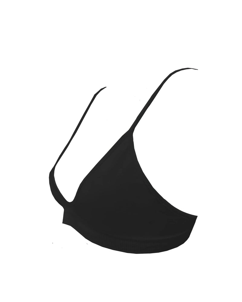 Blissful - Black multi-functional bikini, bralette, sports bra - with low cut and curved neckline for flattering effect and thin elasticated band and spaghetti straps for support.