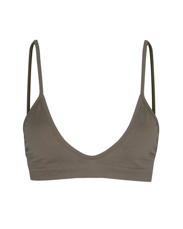 Blissful - Muddy Grey - multi-functional bikini, bralette, sports bra - with low cut and curved neckline for flattering effect and thin elasticated band and spaghetti straps for support.