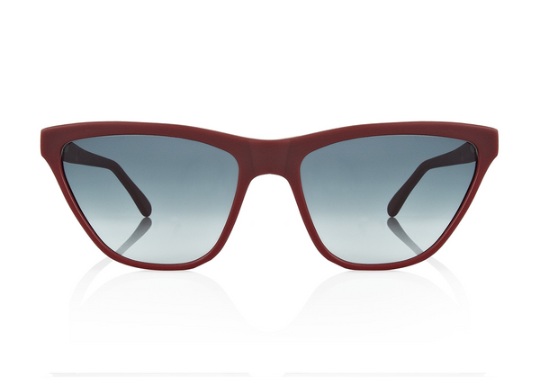 CAIRO - Wine. These frames are a narrow angular shape with a sporty feel to them. They have a near flare top with tapered edges and a flat bottom. These lightweight acetate frames are available in sunglasses and opticals. All acetate frames are exclusively developed for PRISM and handcrafted in Italy.