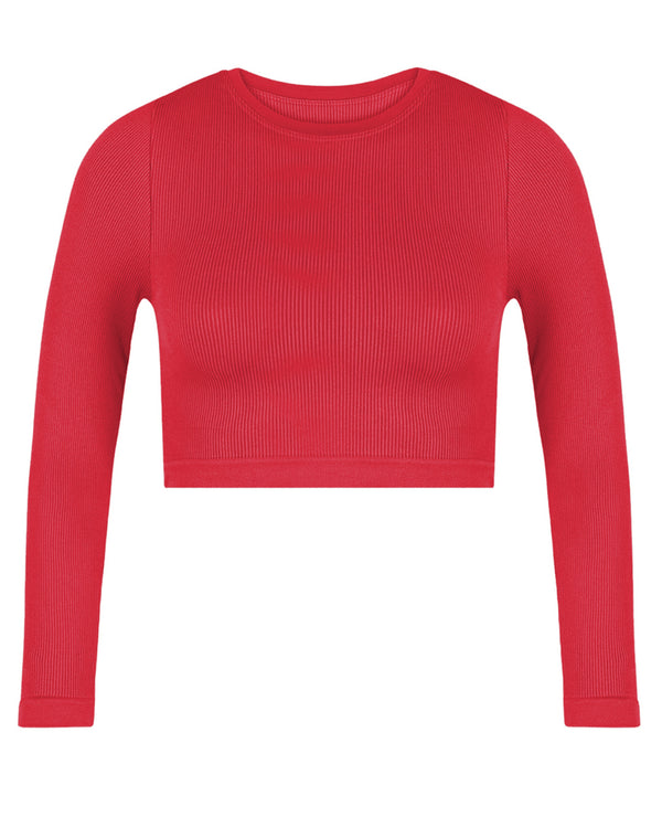 EVOKE Ribbed Long-Sleeve Crop Top | Cerise | Image 1