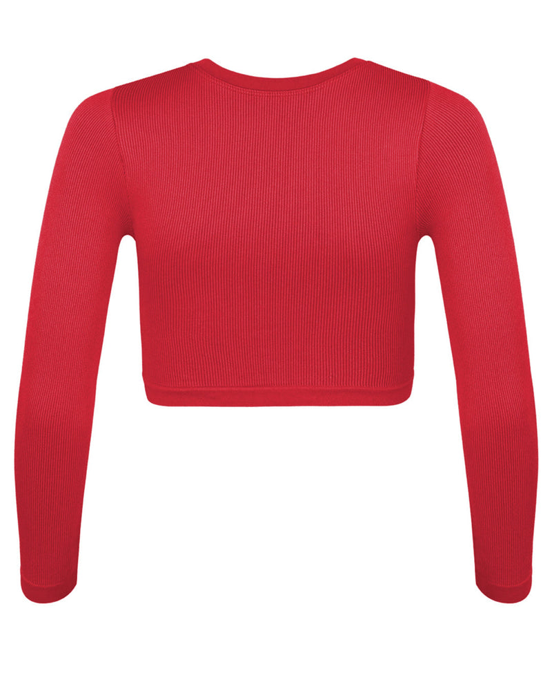 EVOKE Ribbed Long-Sleeve Crop Top | Cerise | Image 3