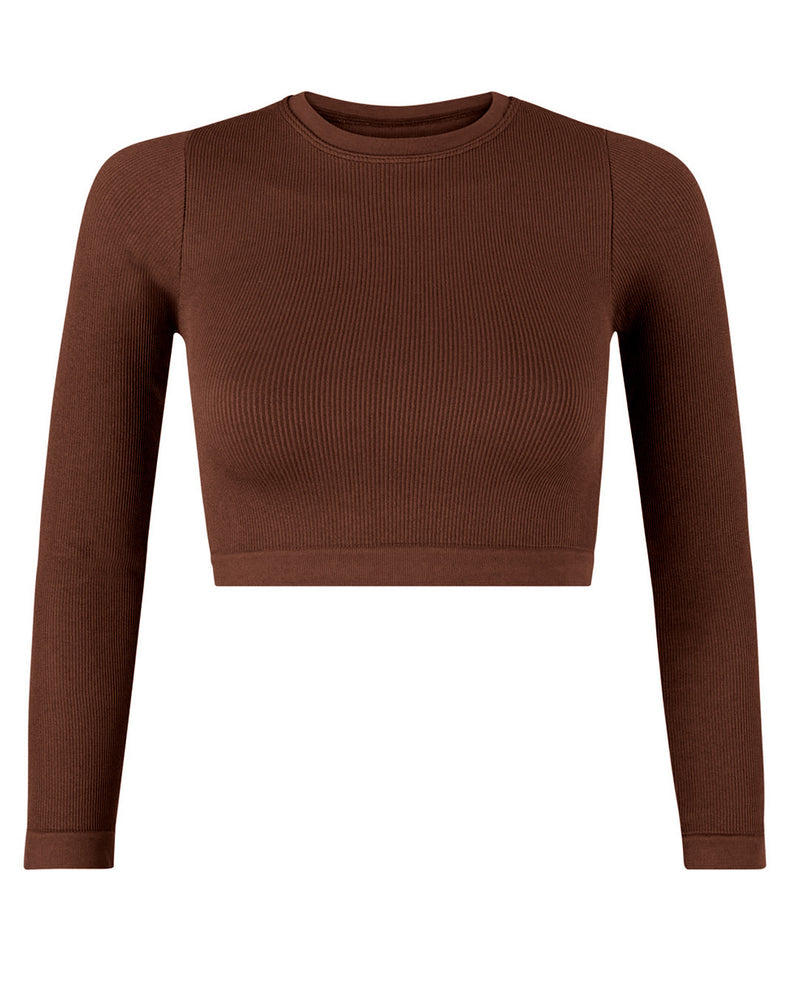 EVOKE Ribbed Long-Sleeve Crop Top | Maroon | Image 1