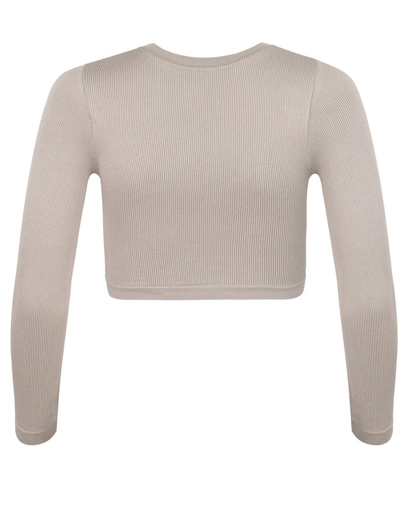 EVOKE Ribbed Long-Sleeve Crop Top | Taupe | Image 3