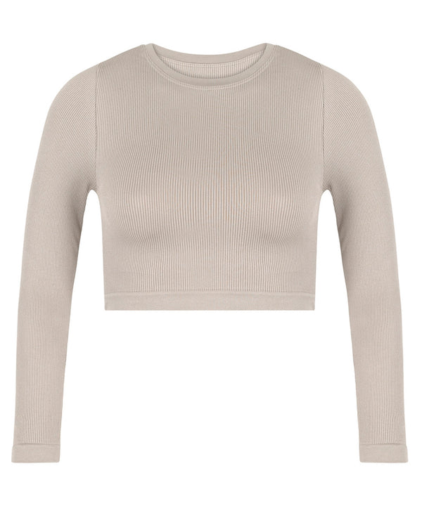 EVOKE Ribbed Long-Sleeve Crop Top | Taupe | Image 1