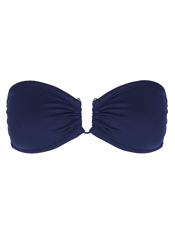 PUERTO VIEJO - Navy. This feminine silhouette is a bandeau-style top with soft gathered cups. Suitable for small to medium bust. The U-shaped gunmetal bar as the front holds the bikini top firmly in place. This top does not feature straps but has the gunmetal hook and fabric fastening at the centre back.