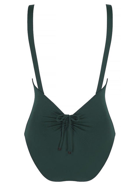 SHELTER ISLAND - Forest Green. This is a simple yet sexy one-piece swimsuit. With a high cut leg, scoop neckline featuring adjustable gathered detail with tie and thin shoulder straps. The back of the body scoops low with gathered detail with tie and the centre back to match the front. This lightweight, matte swim fabric is fully lined.